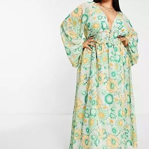ASOS Curve Green Floral Shirred Maxi Dress - US 18/20
